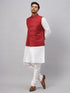 Vastramay Men's Maroon Matka Silk Nehru Jacket With White Silk Blend Kurta Pyjama Set